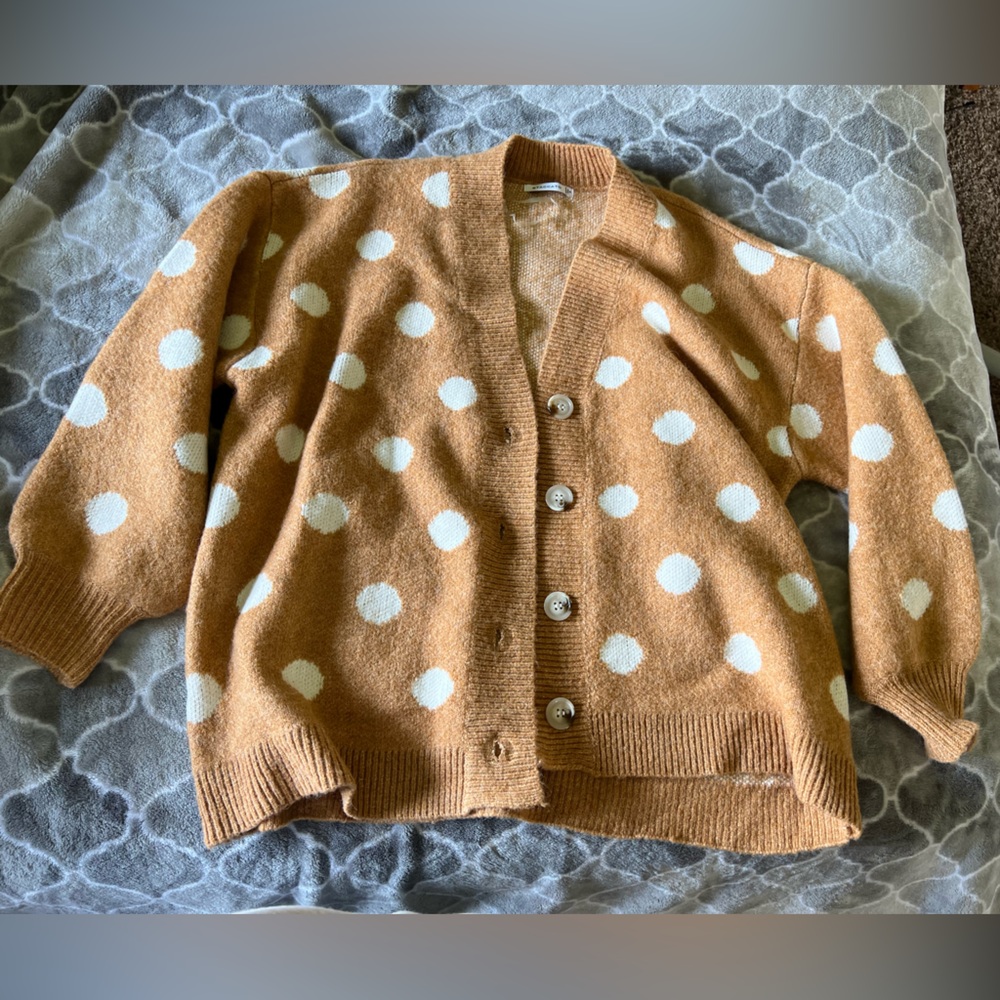 Polka Dot Cardigan Sweater - Tan and White